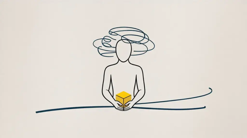 Minimalist drawing of a faceless person with swirling lines above their head, symbolizing thought, holding a small yellow cube in their hands, with a simple curved line beneath them. STG-Health